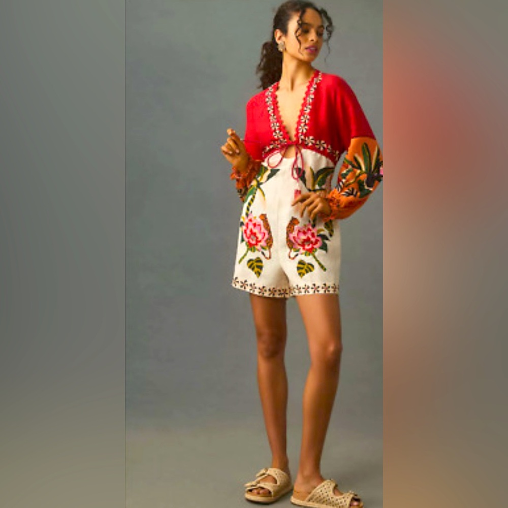 Farm Rio Red and Cream Floral Embroidered Romper - Picture 1 of 6